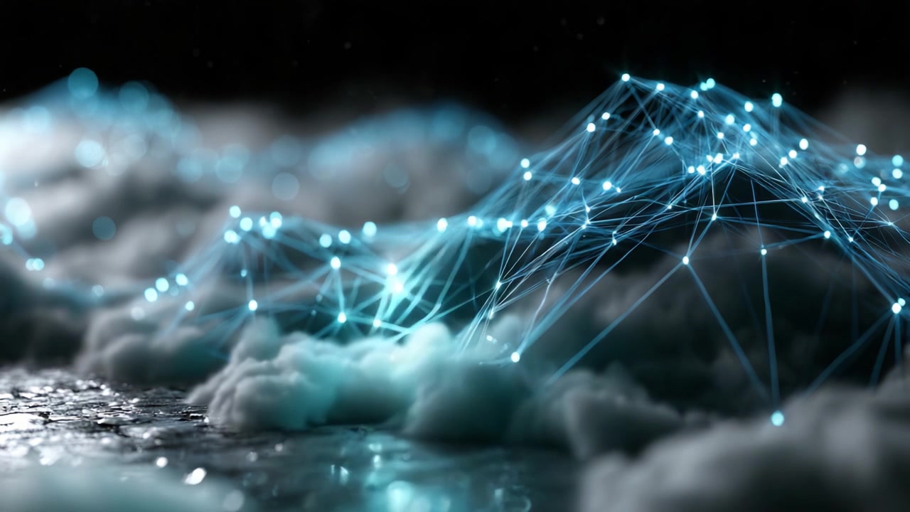Dynamic Visualization of Abstract Connectivity: Illuminated Lines and Cloud Layers Create a Futuristic Landscape in Digital Space