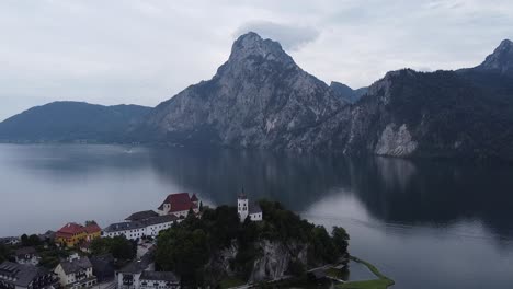 Traunstein-Church-with-Traunstein-Mountain-in-the-Background-filmed-with-a-drone