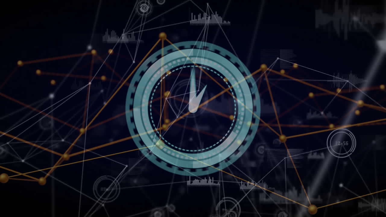 Animazione di orologio e connessioni di rete su sfondo scuro con punti dati