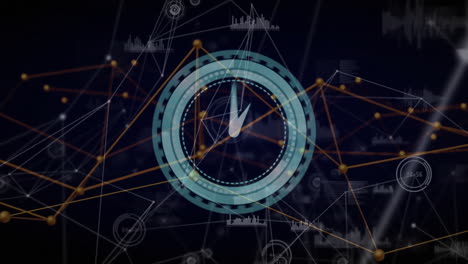 Clock-and-network-connections-animation-over-dark-background-with-data-points