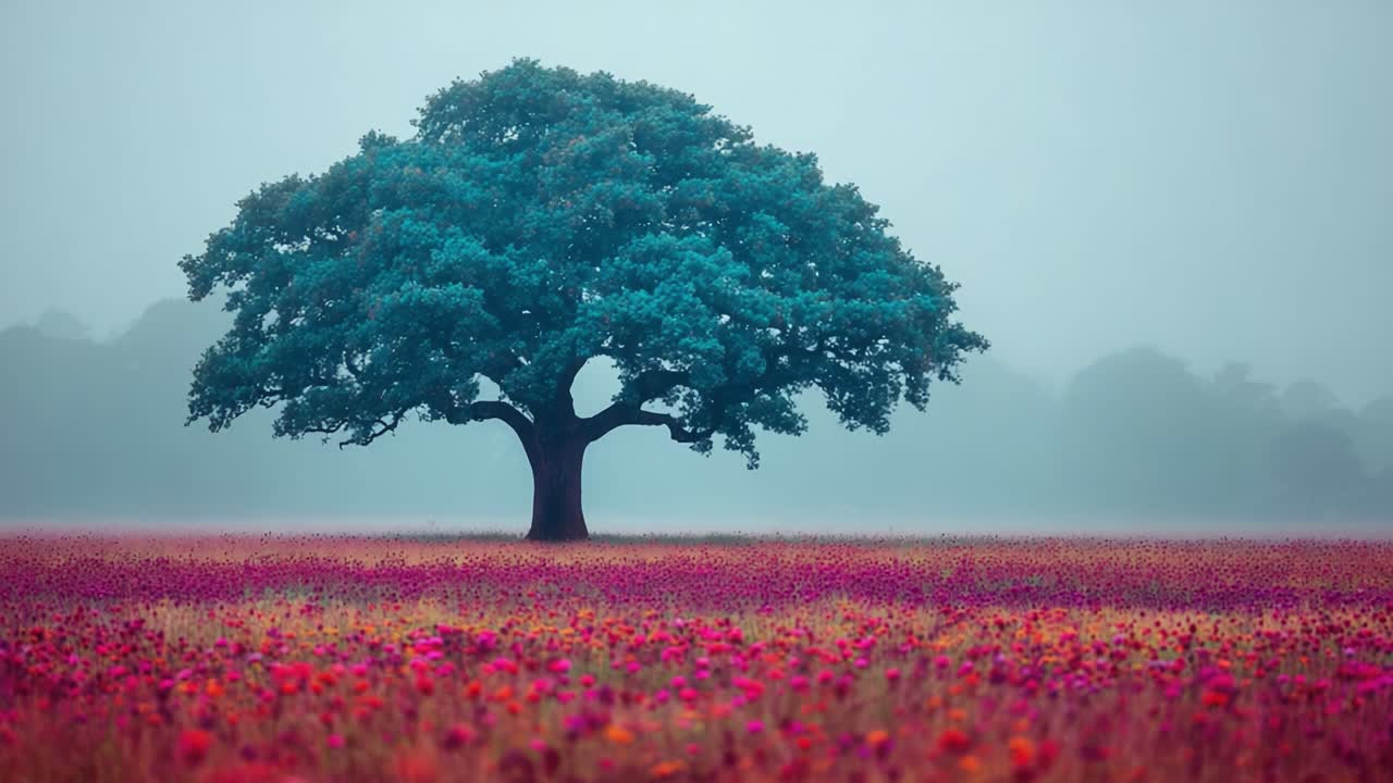 A Majestic Tree Stands Alone in a Vibrant Flower Field Surrounded by Soft Mist, Creating a Serene and Peaceful Landscape