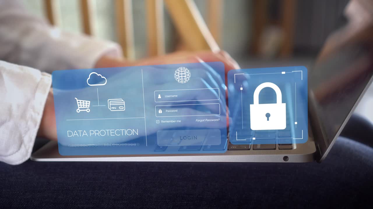 mujer en la oficina haciendo pagos en línea con billetera digital y inicio de sesión seguro, protección de datos de seguridad, vpn, red privada virtual, seguridad cibernética de internet, protección contra delitos cibernéticos