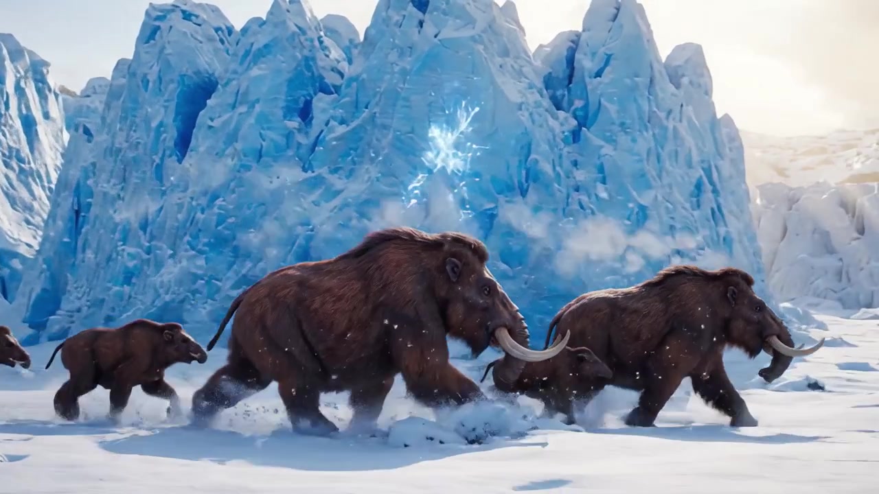 A Family of Mammoths Traverse a Snowy Landscape Surrounded by Towering Ice Formations in a Stunning Display of Nature's Beauty and Wildness