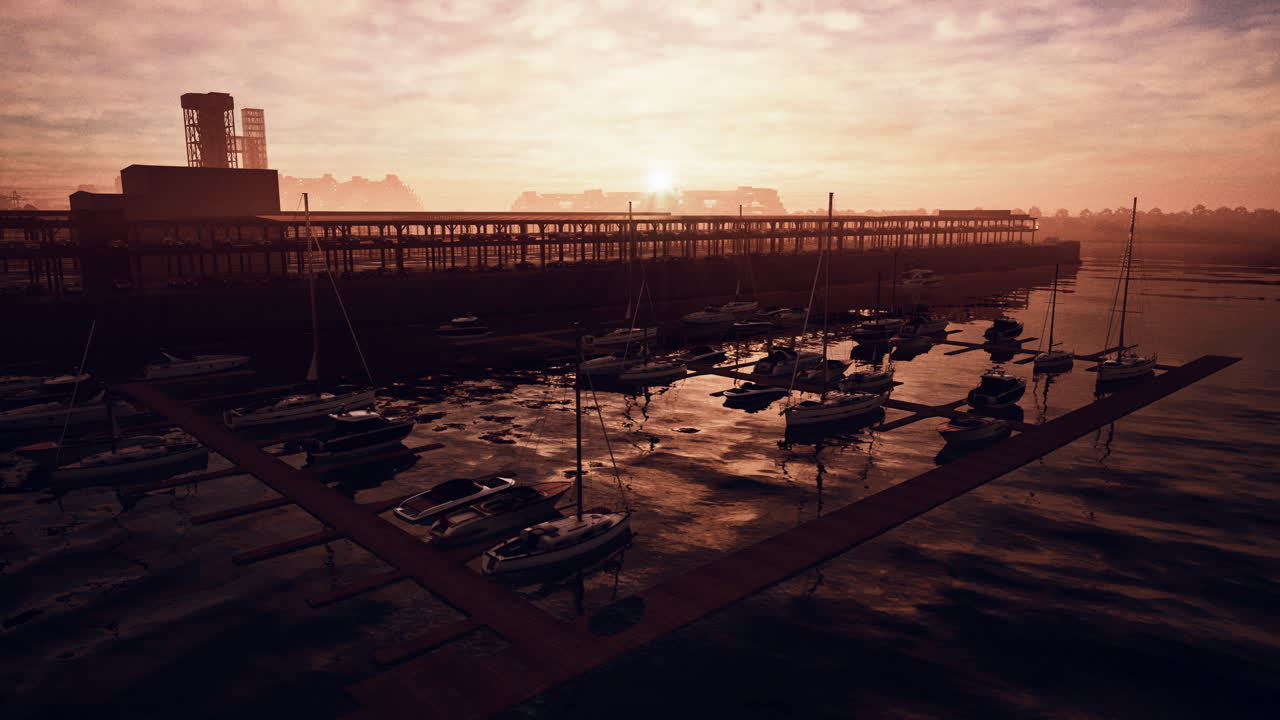 보트 가 정박 한 마리나 위 의 아름다운 일몰