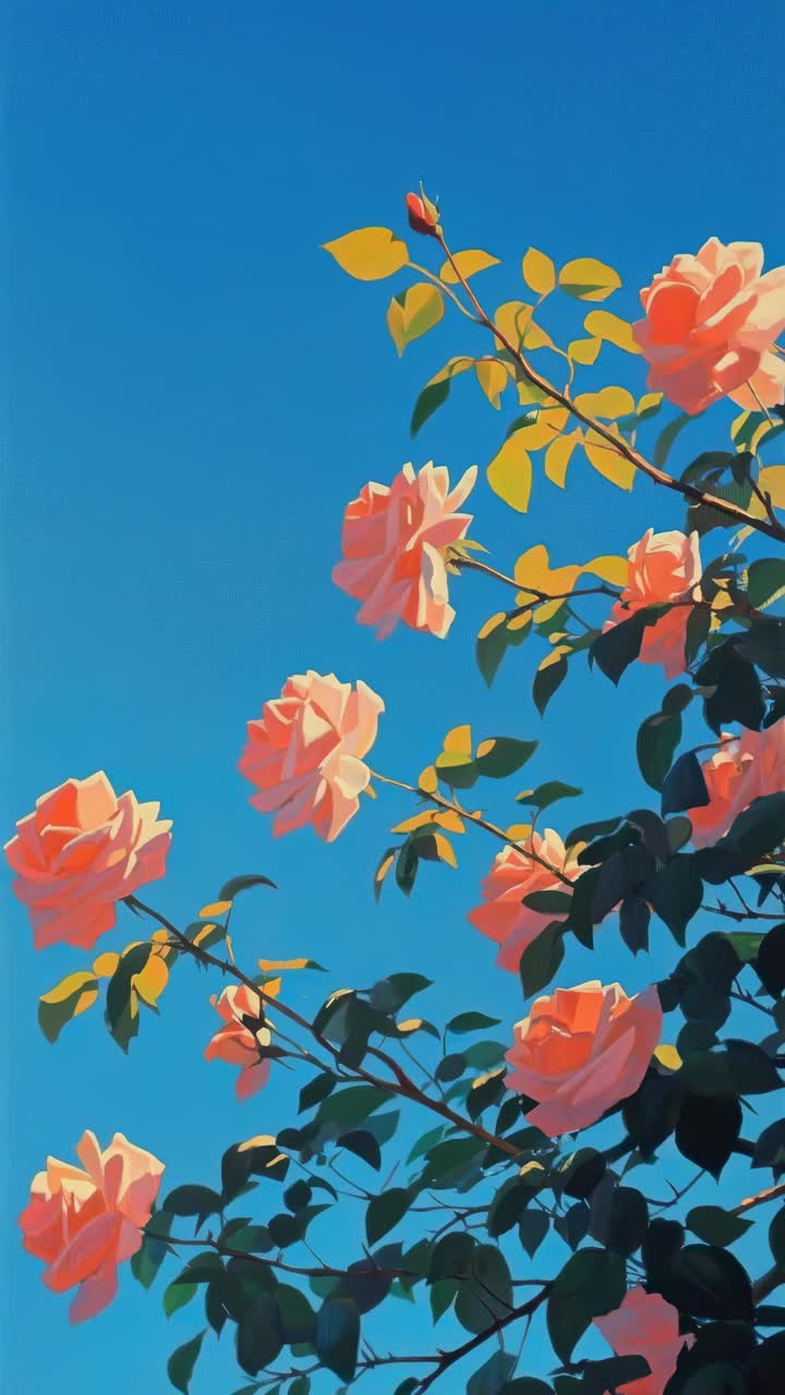 Vibrant roses against a clear blue sky, captured from a low-angle