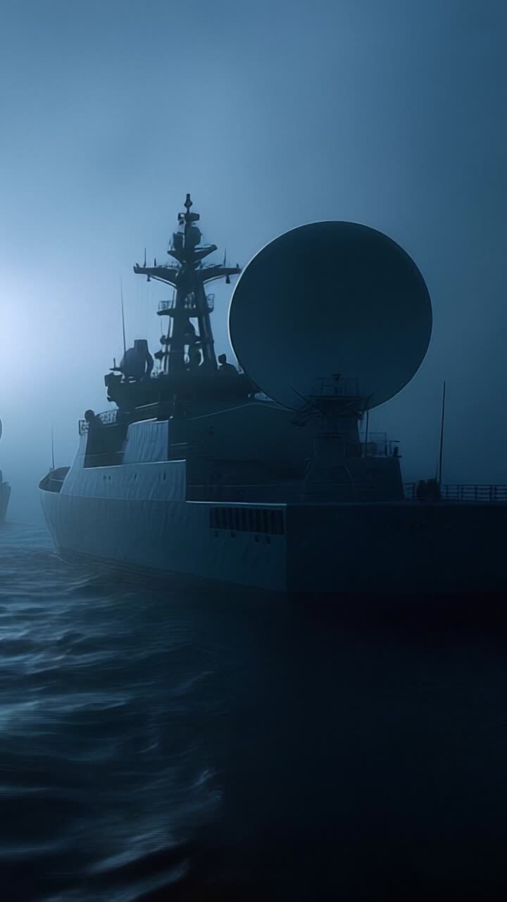 Misteriose navi militari che navigano in acque nebbiose, mostrando attrezzature radar avanzate e inquietanti condizioni atmosferiche all'alba.