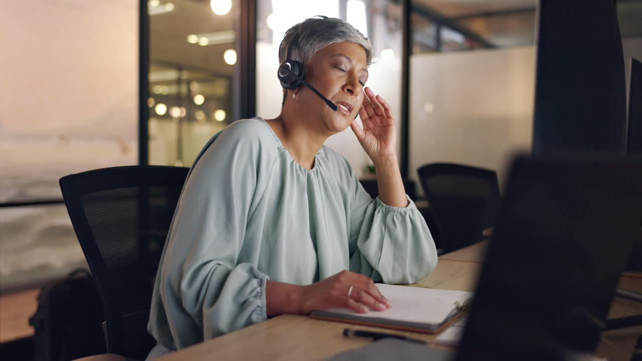 Night, call center or senior woman tired