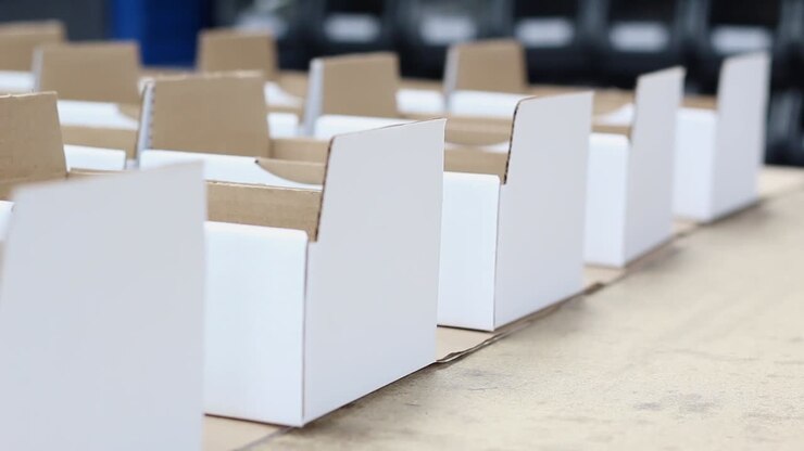 Rows of boxes sit in a warehouse