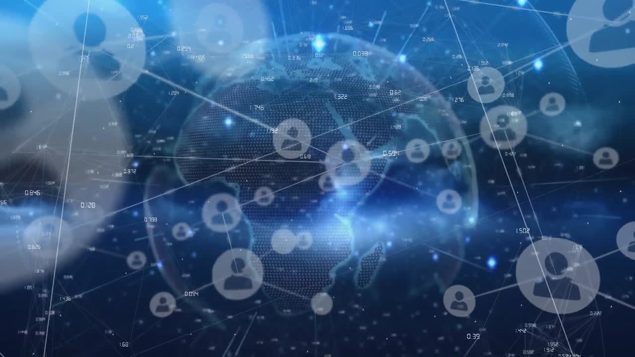 파란색 배경에 회전하는 지구 위의 프로필 아이콘 및 빛 트레일 네트워크의 애니메이션