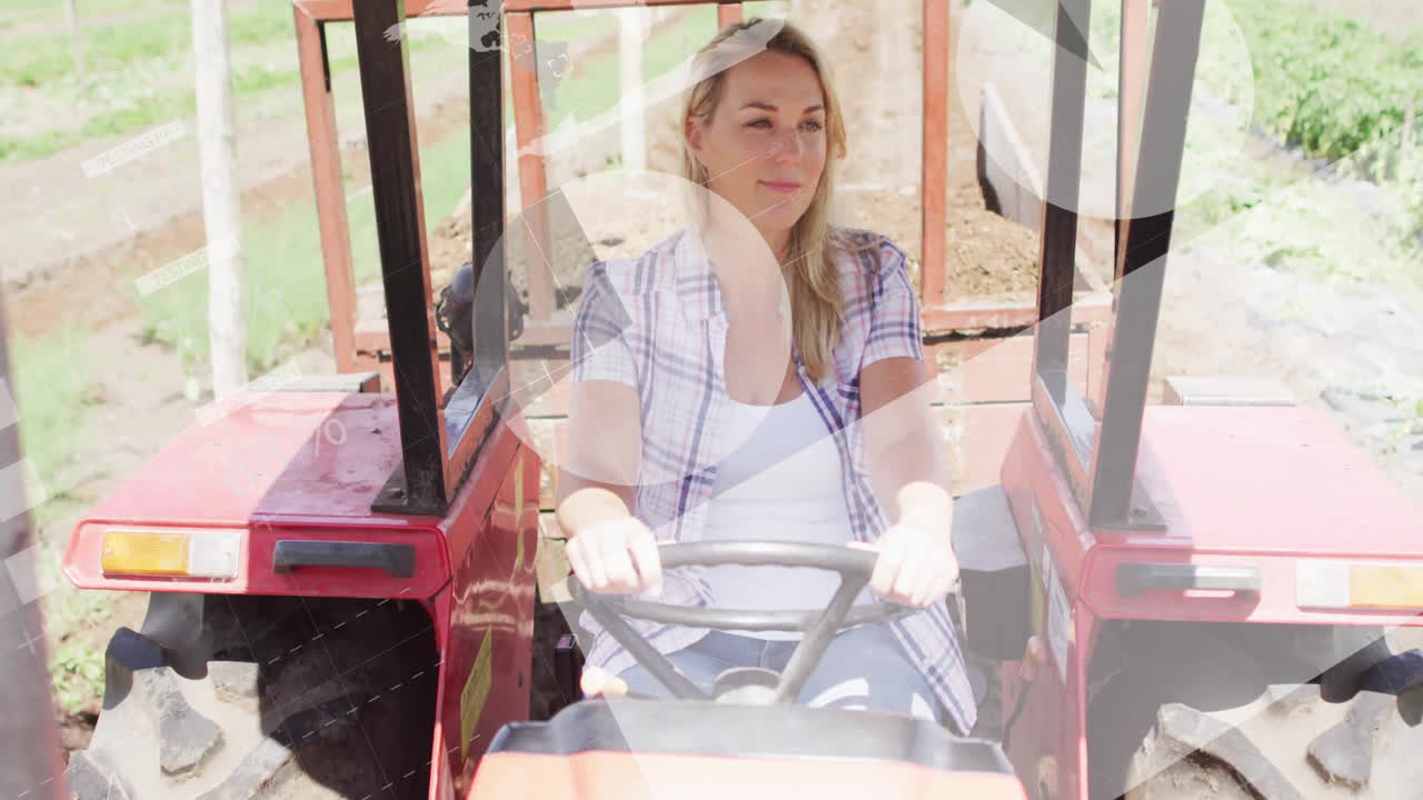 Driving tractor, woman with animation of abstract shapes overlaying scene