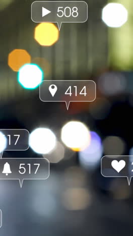 animation of social media icons and numbers over out of focus traffic lights