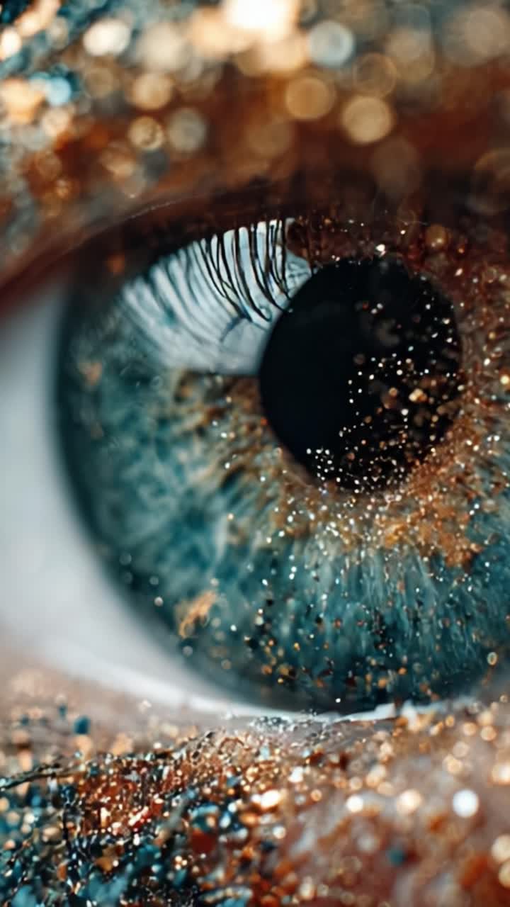 A Mesmerizing Close-Up of an Eye Adorned with Shimmering Glitter That Captivates the Viewer with Its Vibrant Colors and Intricate Details, Showcasing the Beauty of Natural and Artistic Elements