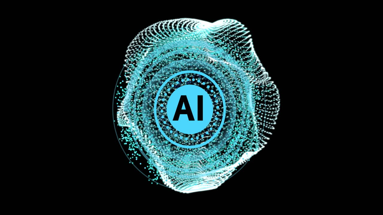 Animazione di scanner circolare AI che elabora e muove una rete di connessioni su sfondo nero