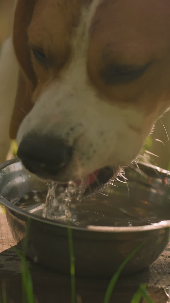 cerca de un perro bebiendo agua de un cuenco de metal colocado en la madera en un campo de hierba bajo la luz del sol brillante, las gotas de agua que caen en la madera crean una atmósfera refrescante, con un fondo verde