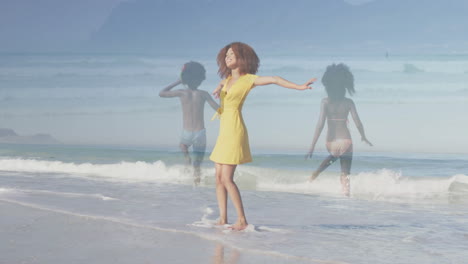 mother posing in beach surf with children playing waves, featuring animated travel icon overlays