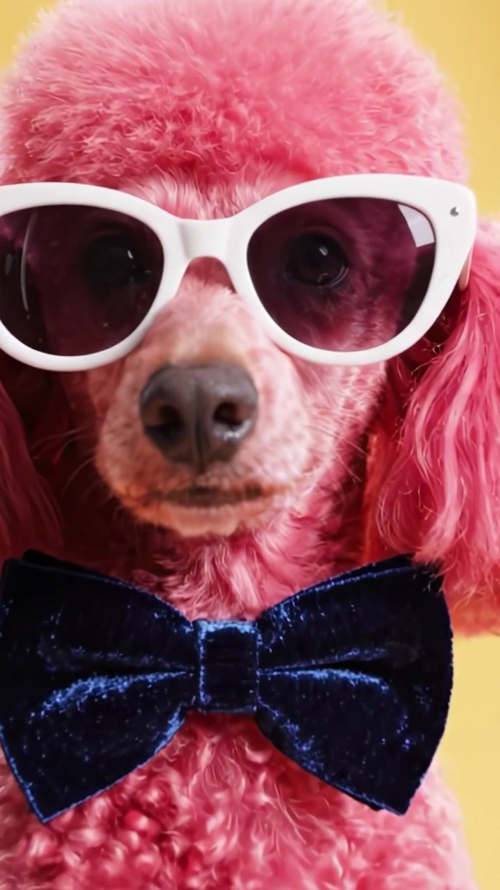 Un barboncino rosa elegante, vestito con occhiali da sole e un papillon, posa per la fotocamera su uno sfondo giallo brillante.