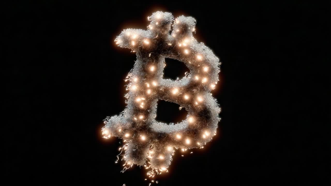 A Mesmerizing Display of Cryptocurrency Symbolization: Sparkling Bitcoin Sign Emitting Light Against a Dark Background, Showcasing Digital Currency's Innovative Essence