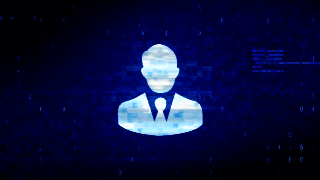 Simbolo Testa di Uomo d'Affari, Lavoro, Manager con Animazione Digitale a Rumore Pixel ed Errore