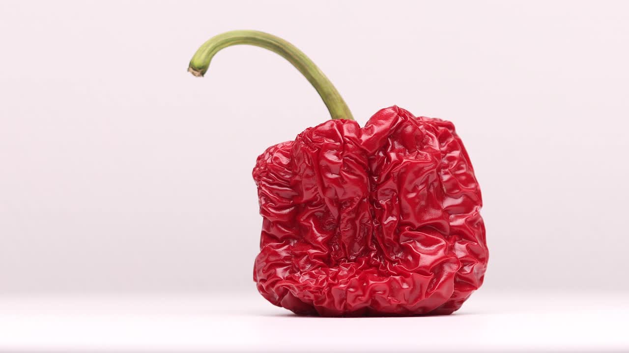 놀랍도록 생생한 붉은 껍질 피부와 구부러진 녹색 줄기가 있는 말린 피망 파프리카의 시계 방향 회전 세부 사항 및 질감