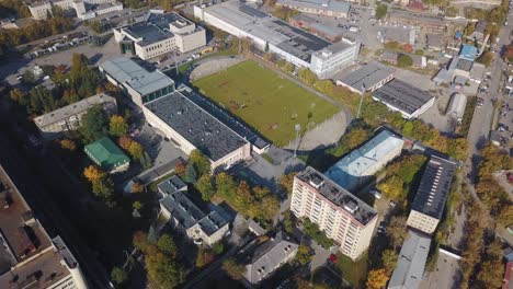 aerial view of urban sports complex and residential area