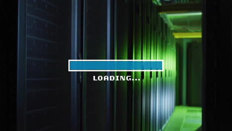 animation of loading text and time bar over dark server room