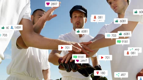 animation of social media icons with growing numbers over diverse male cricket players teaming up