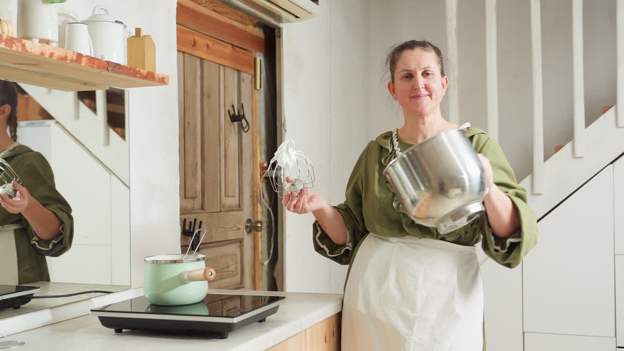 Cook in green apron joyfully holds electric mixer coated with thick whipped dough while lifting large mixing bowl to demonstrate stickiness of mixture in bright cozy kitchen