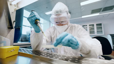 science, safety glass and person with petri dish