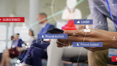 animation of network of connections and social media icons over caucasian man using smartphone