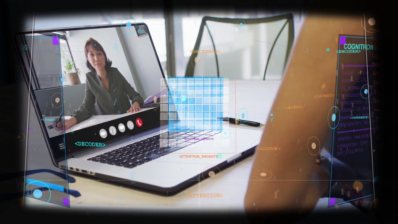 Laptop woman gesturing peer tapping tablet starting HUD over laptop showing cube business insights