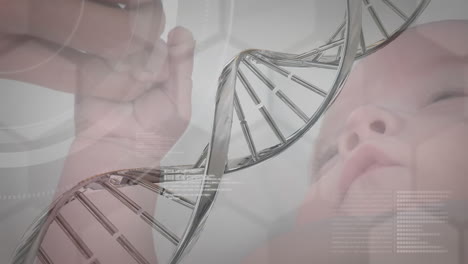 animación de la cadena de adn 3d girando el procesamiento de datos sobre el bebé con la madre