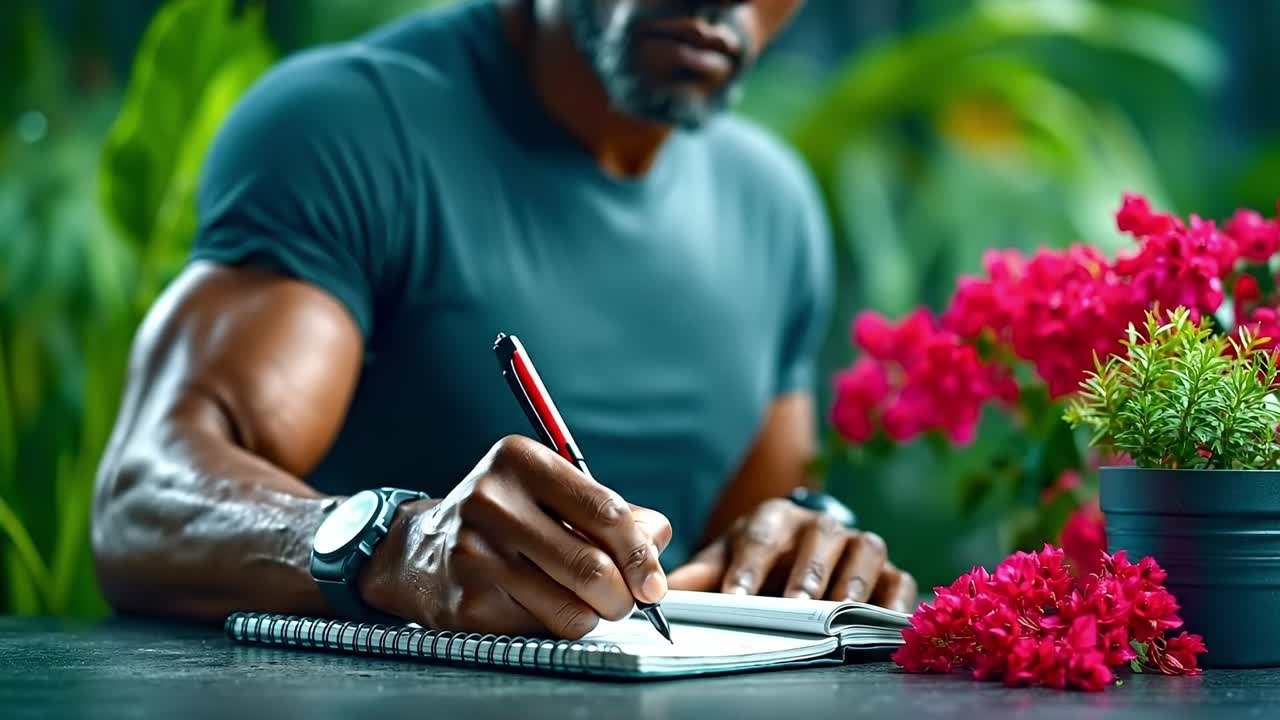A man sitting at a table writing in a notebook with a pen