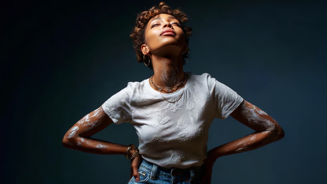 A confident individual striking a powerful pose against a dark background, showcasing an expressive demeanor, adorned with stylish attire and artistic body art that highlights uniqueness