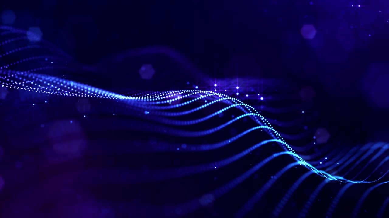 Glow blue particles form lines, surfaces, complex string structures in smooth motion like in microworld or space. 4k looped sci-fi particle background with bokeh and light effects.