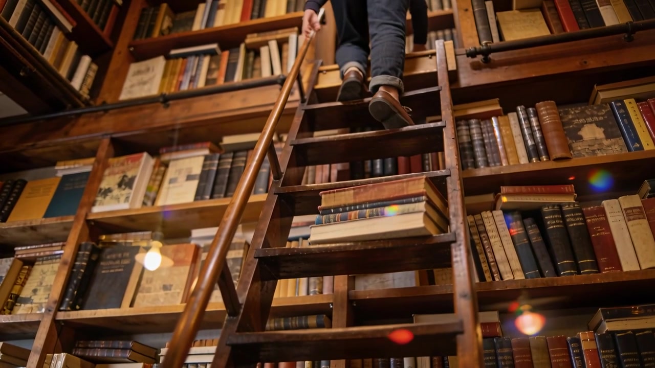 Climbing person in dark jeans and brown shoes ascending rail ladder at library, retrieving books