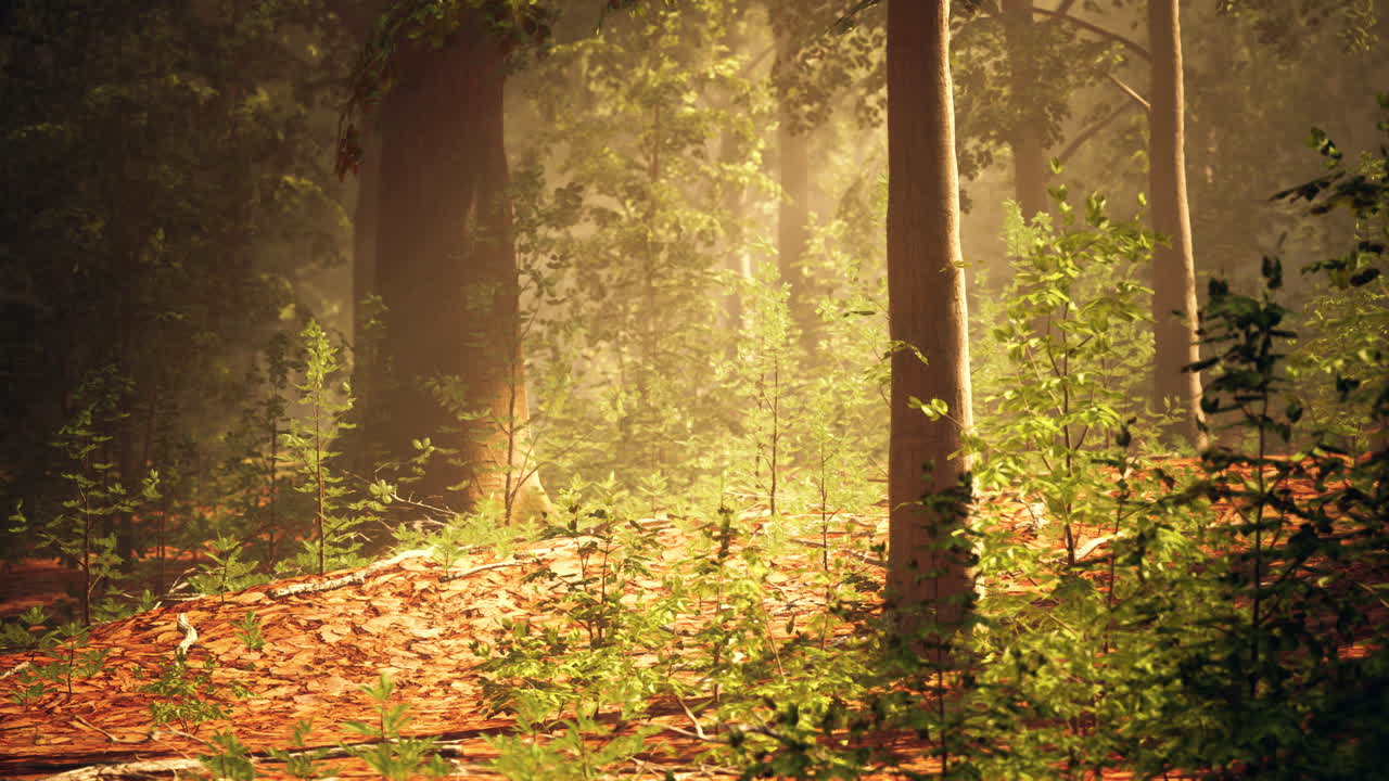 Sunlight Shining Through The Trees In A Misty Forest