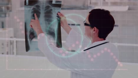 animation of neon shape, data processing over caucasian female doctor examining xray at hospital