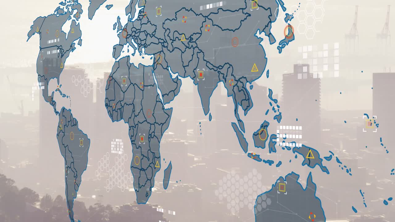 도시 풍경 위의 세계 지도 및 금융 데이터 처리의 애니메이션