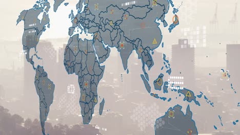 Animation-of-world-map-and-financial-data-processing-over-cityscape