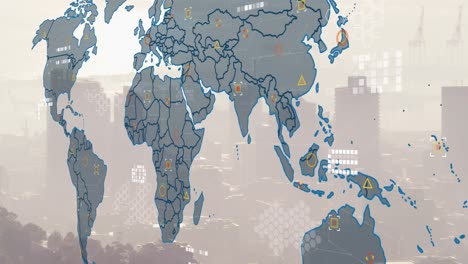 animación del mapa del mundo y procesamiento de datos financieros sobre el paisaje urbano