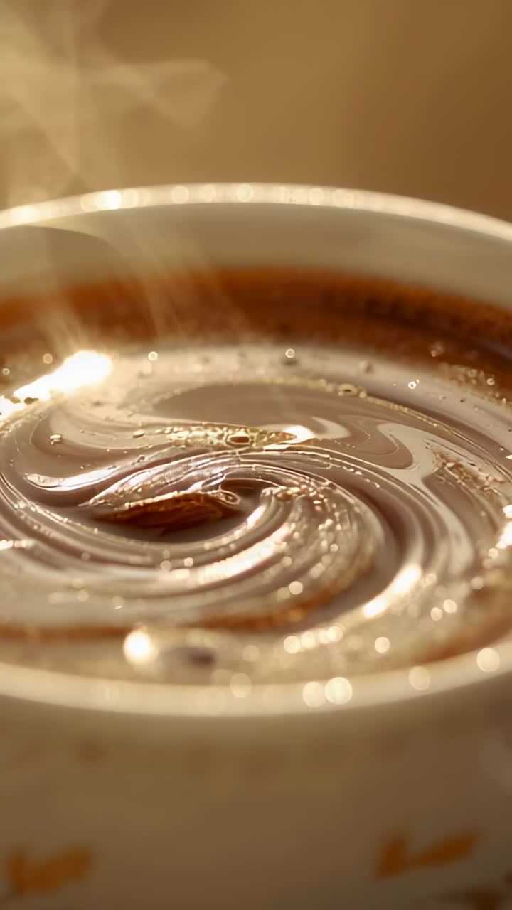 Vertical video: Showing full ceramic cup with coffee settling after stirring on table, orange print