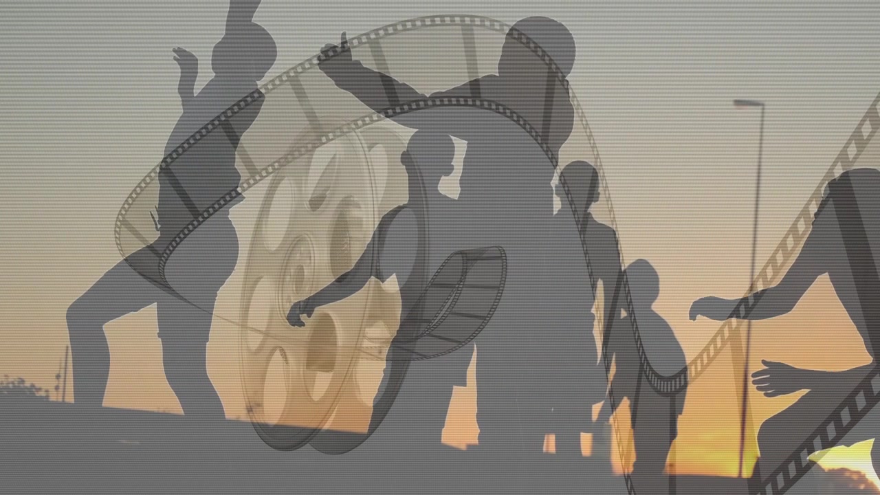 Parent and boys entering from right at sunset, playing under looping film reel for cinema