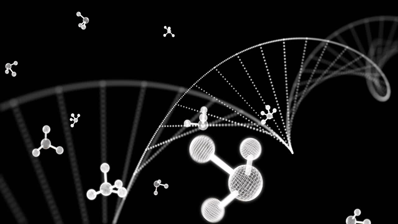 animación de moléculas sobre una cadena de adn sobre un fondo negro