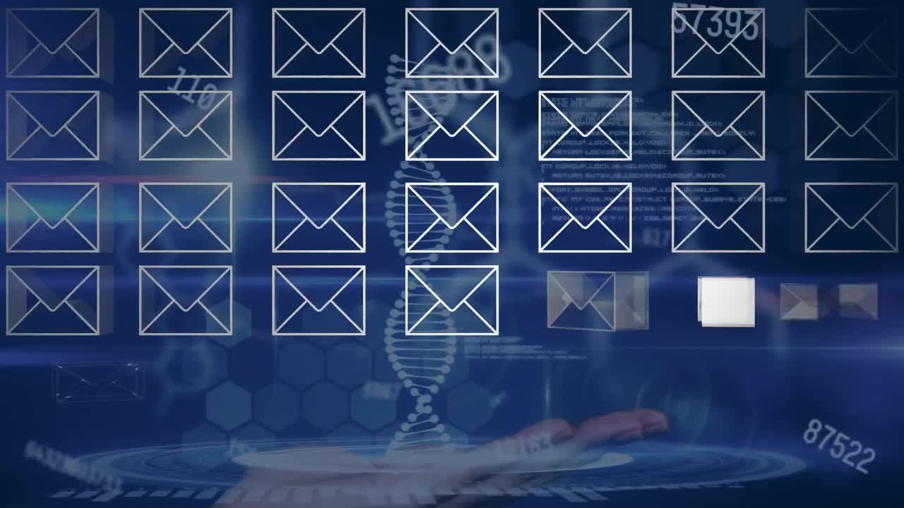 múltiples iconos de mensajes sobre múltiples números cambiantes y estructura de adn girando sobre una mano