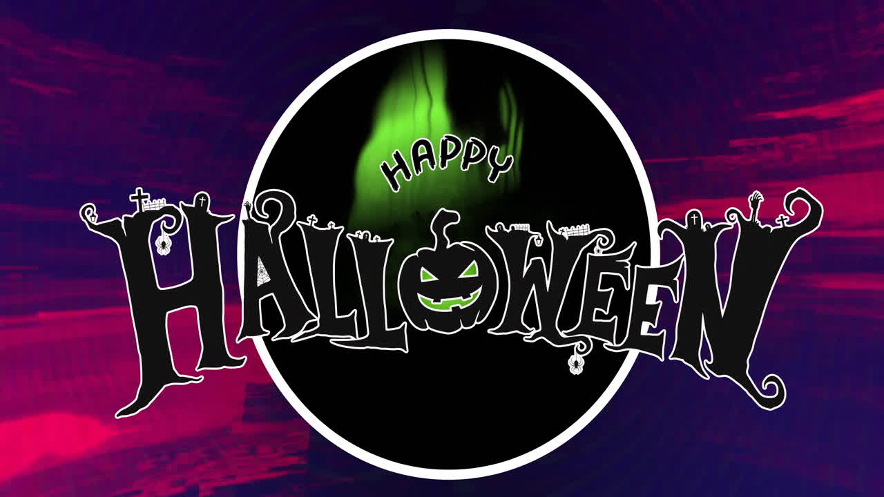 Animazione di un volto di zucca verde luminoso con testo "Happy Halloween" su sfondo scuro