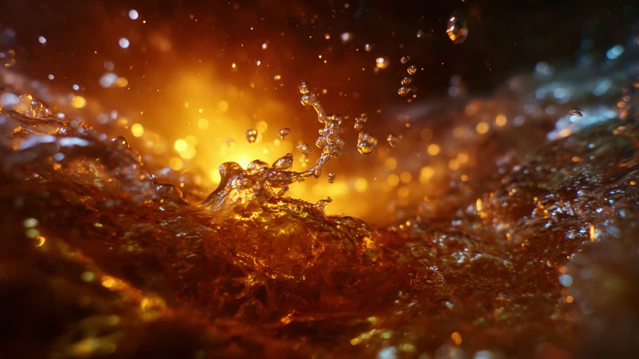 Accattivante primo piano di scintillanti spruzzi d'acqua con una vivace luce arancione, che cattura la bellezza dinamica del movimento del liquido con dettagli straordinari