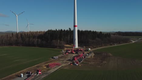 construction site of a new wind turbine - aerial drone shot