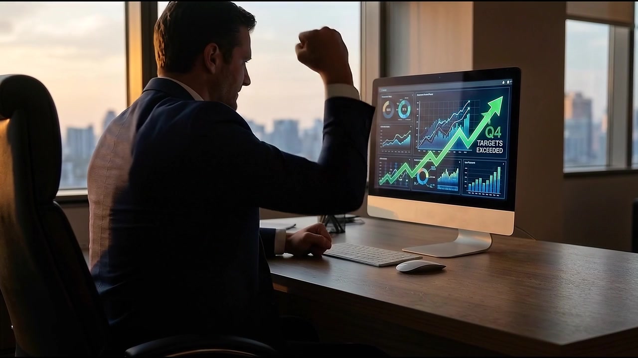 Uomo d'affari che celebra il successo dopo aver superato gli obiettivi finanziari del quarto trimestre