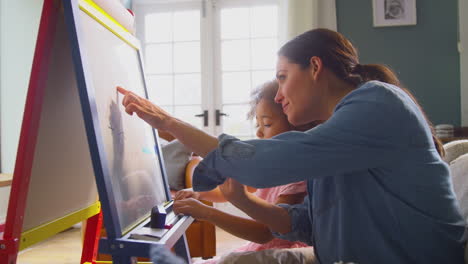 mother and daughter having fun drawing picture on whiteboard at home together