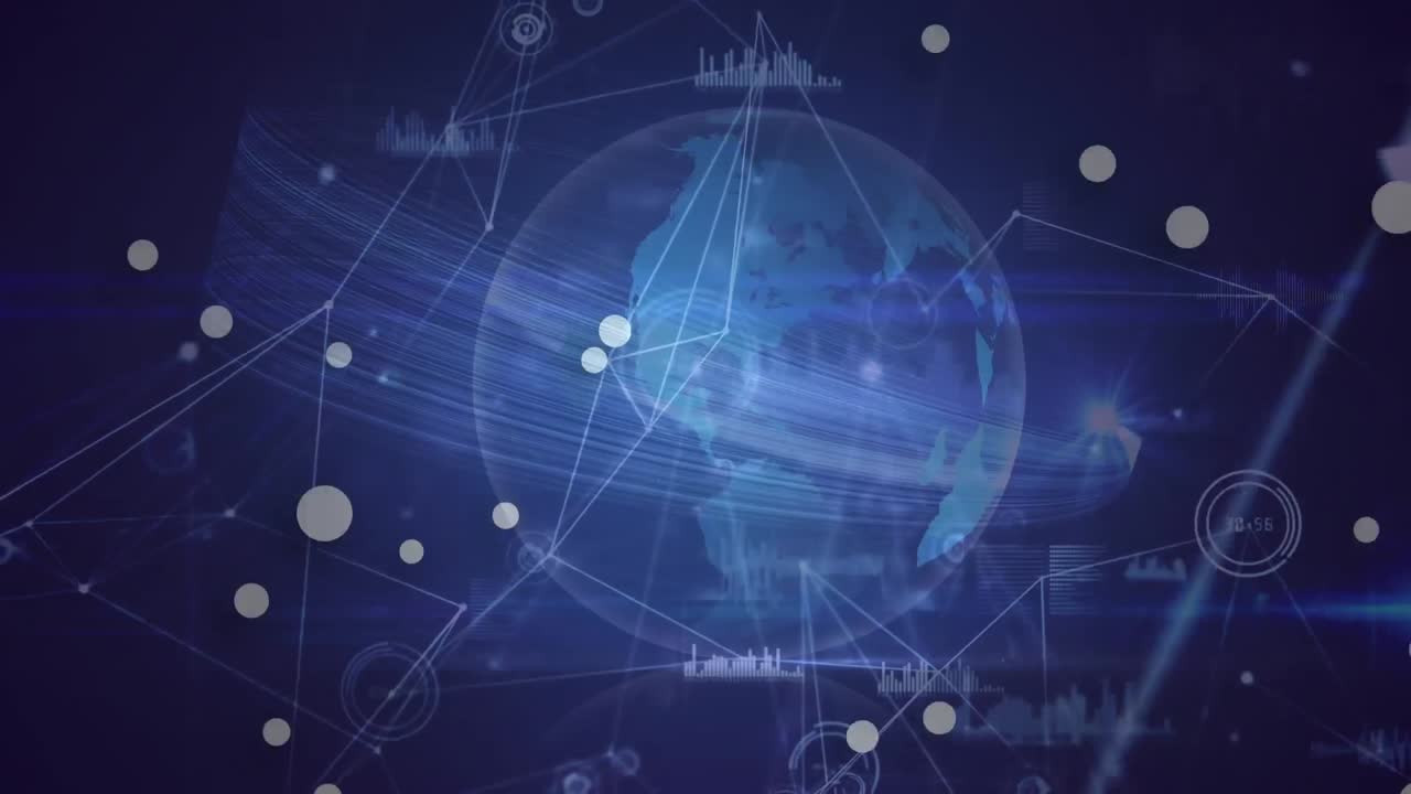 화이트 스의 애니메이션, 연결 네트워크 및 회전하는 지구에 대한 데이터 처리